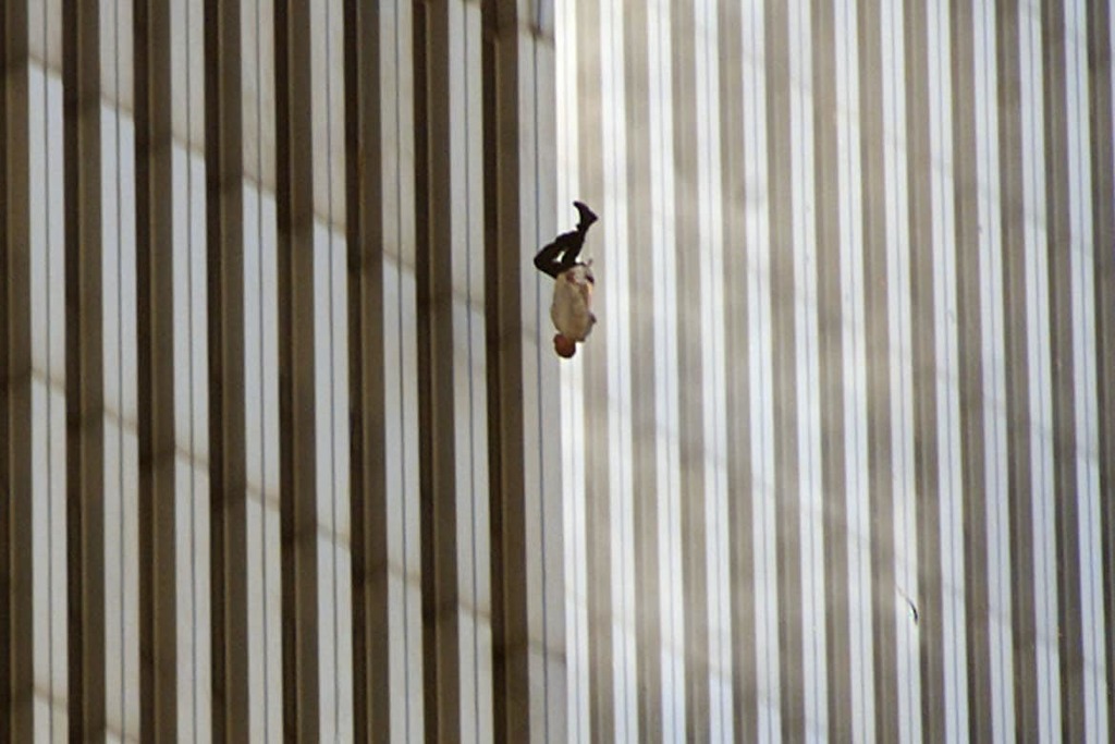 The Falling Man is a photograph taken by Associated Press photographer Richard Drew of a man falling from the North Tower of the World Trade Center at 9:41:15 a.m. during the September 11 attacks in New York City. The subject of the image, whose identity remains uncertain, was one of the people trapped on the upper floors of the skyscraper who either fell searching for safety or jumped to escape the fire and smoke. 