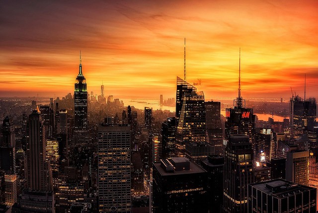 morning, orange sky, New York city, USA, megalopolis